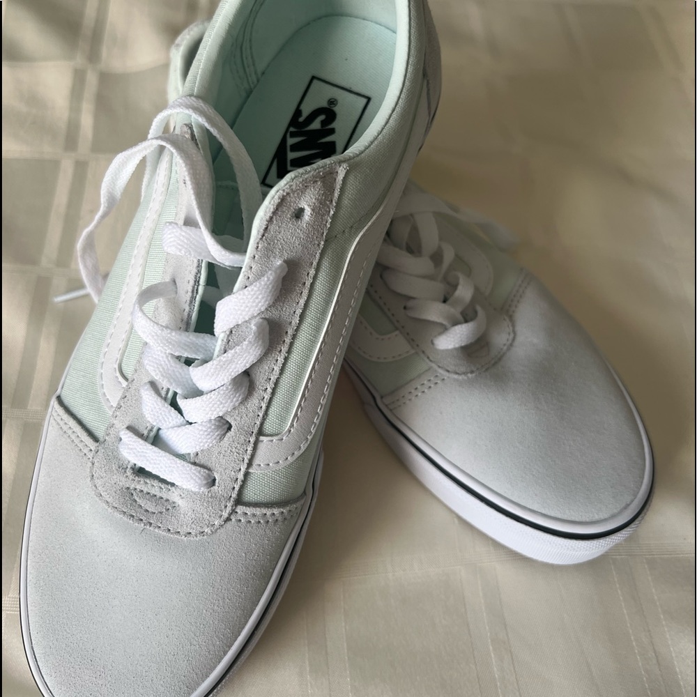Vans Old Skool Mint Green, True White Suede toe and heel. Never worn. No box.